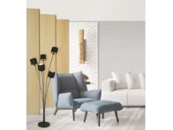 LED Stehleuchte 5 flammig Metall, Stoffschirm Schwarz Gold, Höhe 163cm