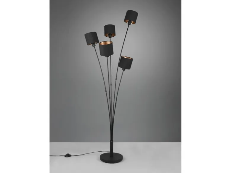 LED Stehleuchte 5 flammig Metall, Stoffschirm Schwarz Gold, Höhe 163cm