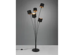 LED Stehleuchte 5 flammig Metall, Stoffschirm Schwarz Gold, Höhe 163cm