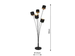 LED Stehleuchte 5 flammig Metall, Stoffschirm Schwarz Gold, Höhe 163cm
