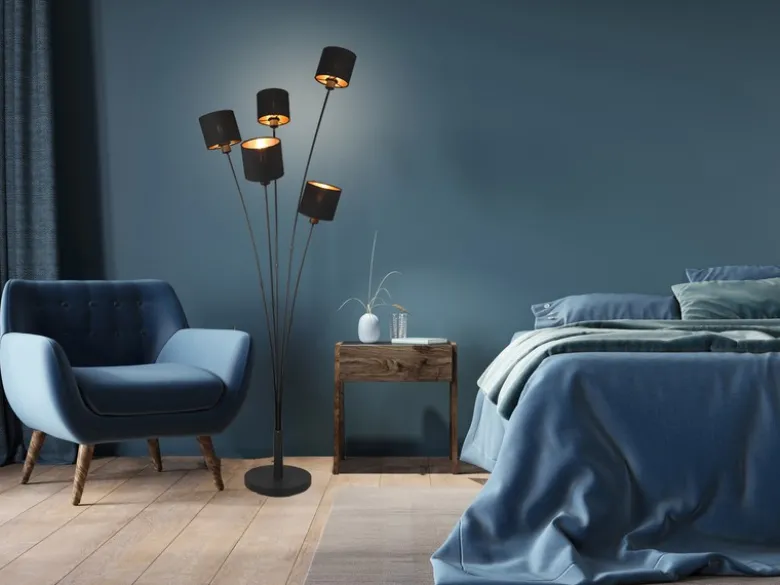 LED Stehleuchte 5 flammig Metall, Stoffschirm Schwarz Gold, Höhe 163cm