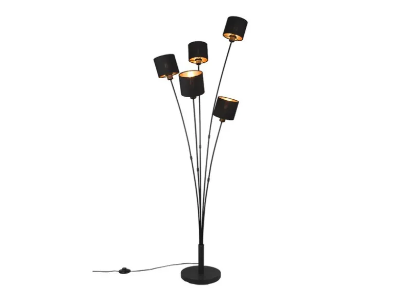 LED Stehleuchte 5 flammig Metall, Stoffschirm Schwarz Gold, Höhe 163cm