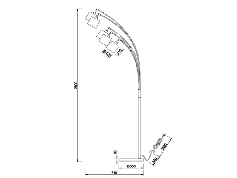 LED Stehleuchte 5 flammig Metall Stoffschirm Schwarz/Gold, Höhe 200cm
