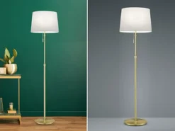 LED Stehleuchte Messing mit Stoffschirm Weiß, höhenverstellbar 138 - 180cm
