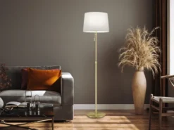 LED Stehleuchte Messing mit Stoffschirm Weiß, höhenverstellbar 138 - 180cm