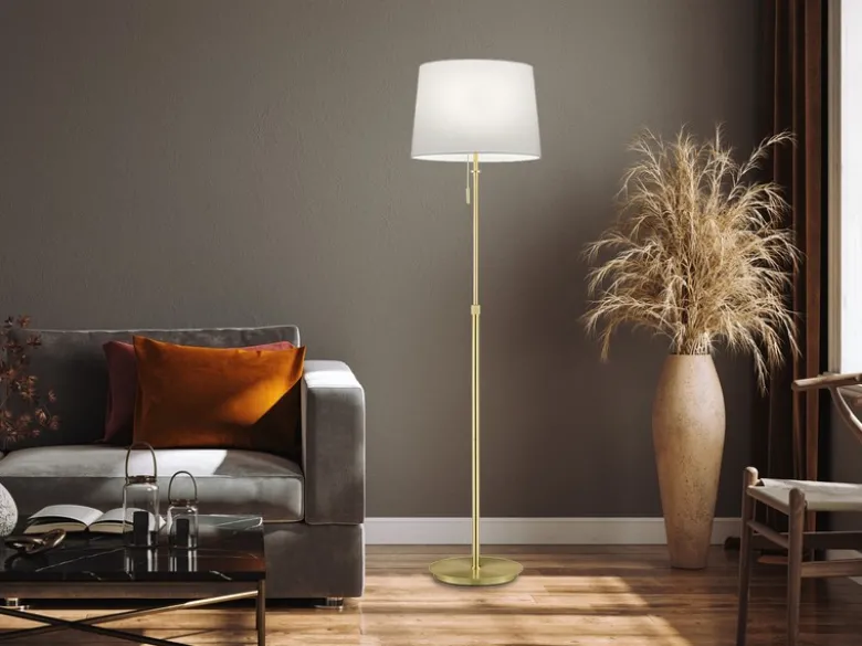 LED Stehleuchte Messing mit Stoffschirm Weiß, höhenverstellbar 138 - 180cm