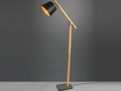 LED Stehleuchte mit Holz und Metall Lampenschirm Schwarz-Gold, Höhe 156cm