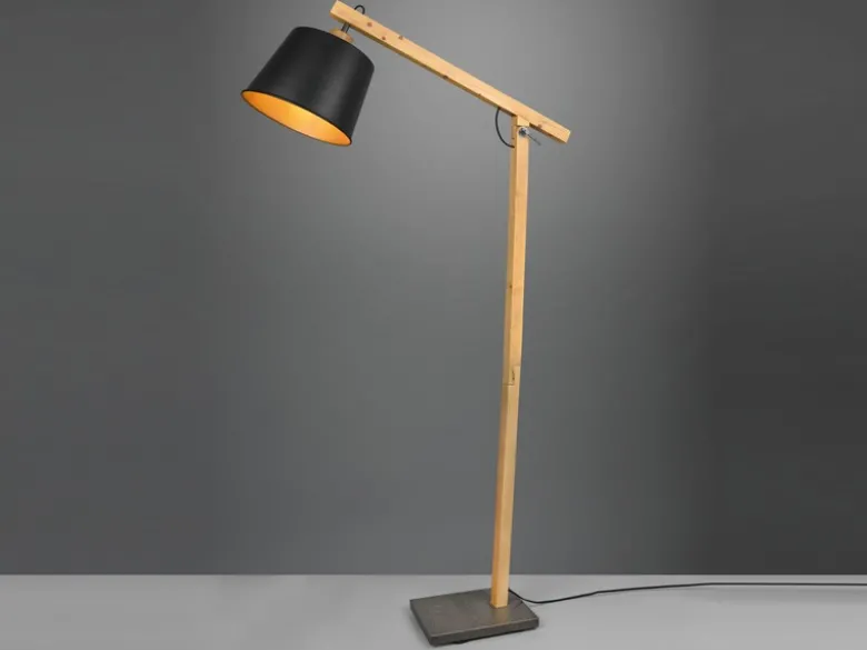 LED Stehleuchte mit Holz und Metall Lampenschirm Schwarz-Gold, Höhe 156cm