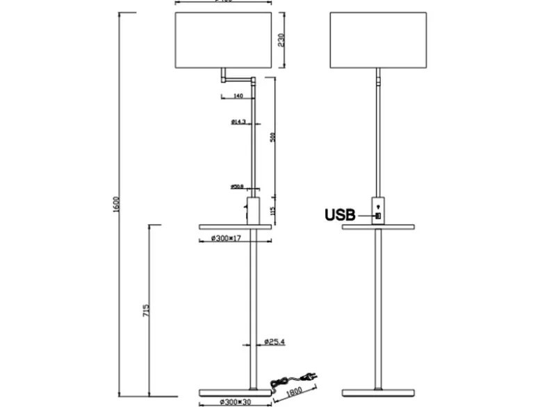 LED Stehleuchte Schwarz matt mit Stoffschirm, Ablagetisch & USB Anschluss, 160cm