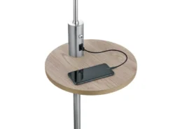 LED Stehleuchte Silber matt mit Stoffschirm, Ablagetisch & USB Anschluss, 160cm