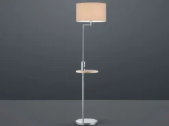 LED Stehleuchte Silber matt mit Stoffschirm, Ablagetisch & USB Anschluss, 160cm