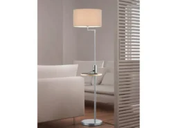 LED Stehleuchte Silber matt mit Stoffschirm, Ablagetisch & USB Anschluss, 160cm