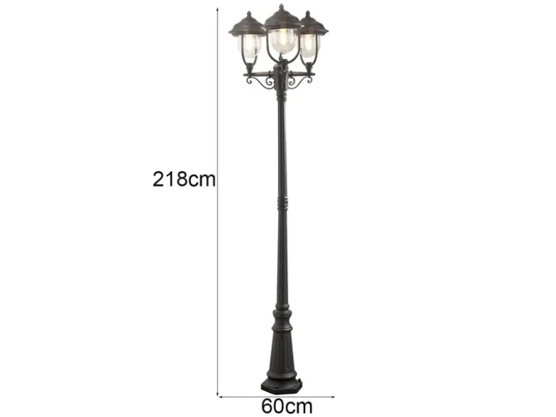 LED Straßenlaterne im Landhausstil, 3-flammig aus Aluminium Schwarz, Höhe 218cm