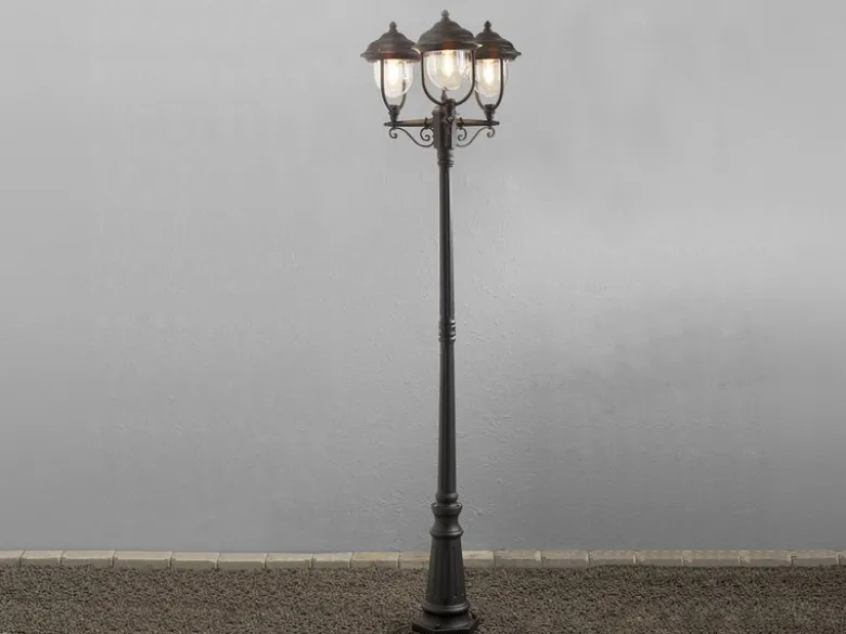 LED Straßenlaterne im Landhausstil, 3-flammig aus Aluminium Schwarz, Höhe 218cm
