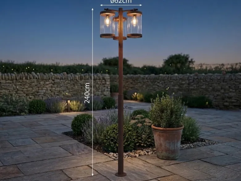 LED Straßenlaterne im Landhausstil, 3-flammig Rostoptik, Höhe 240cm