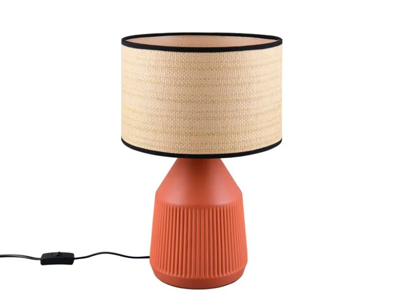 LED Tischlampe dimmbar, Keramikfuß Terrakotta, Papierschirm geflochten, H43cm