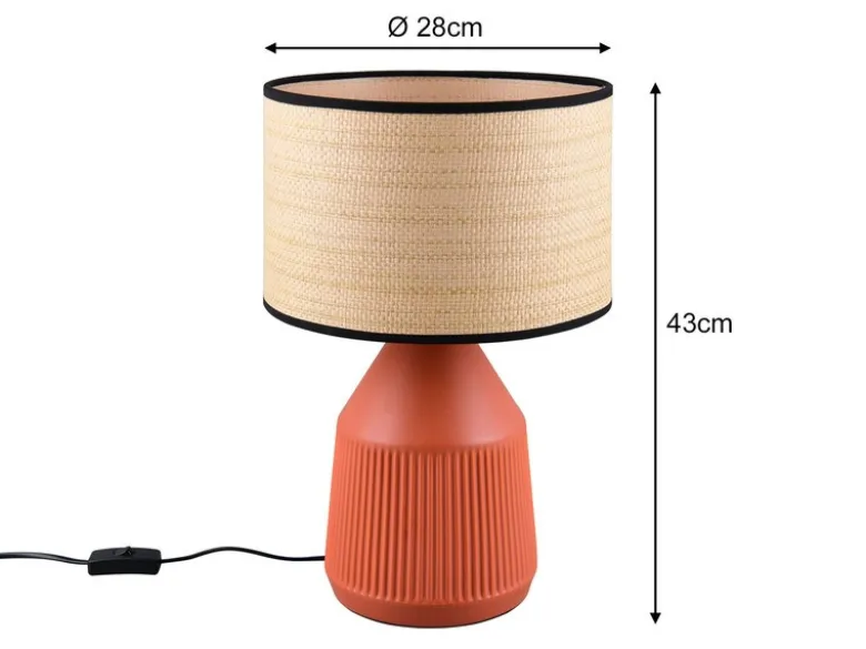 LED Tischlampe dimmbar, Keramikfuß Terrakotta, Papierschirm geflochten, H43cm