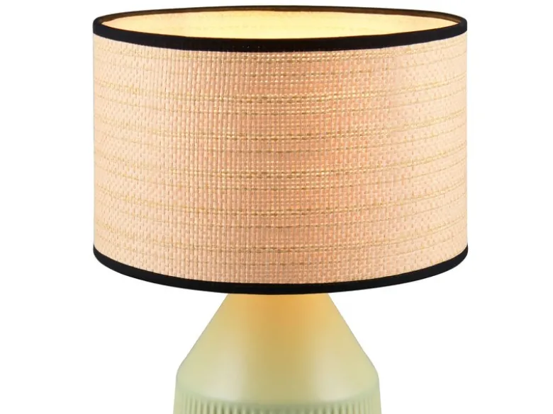 LED Tischlampe dimmbar, Keramikfuß Grün, Papierschirm geflochten, Höhe 43cm