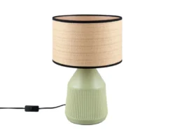 LED Tischlampe dimmbar, Keramikfuß Grün, Papierschirm geflochten, Höhe 43cm