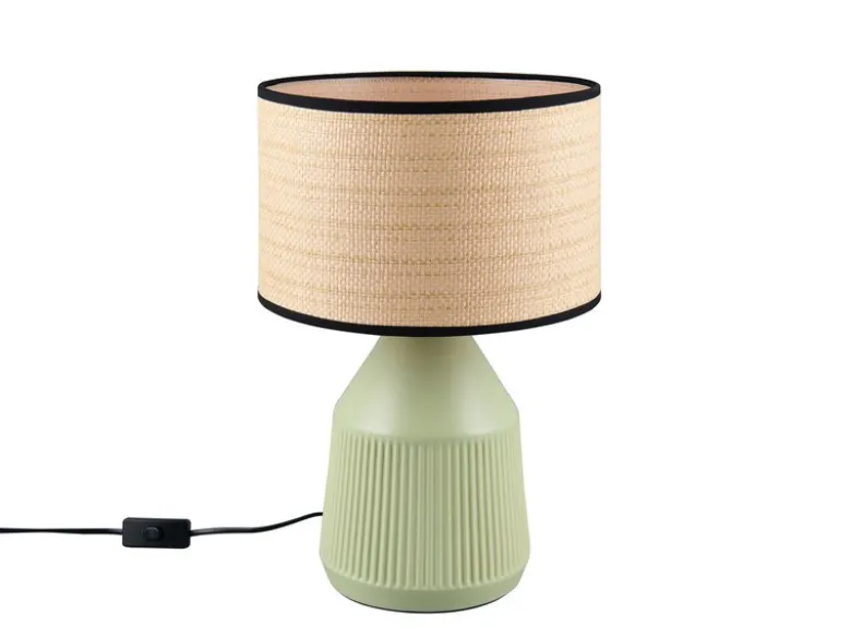 LED Tischlampe dimmbar, Keramikfuß Grün, Papierschirm geflochten, Höhe 43cm