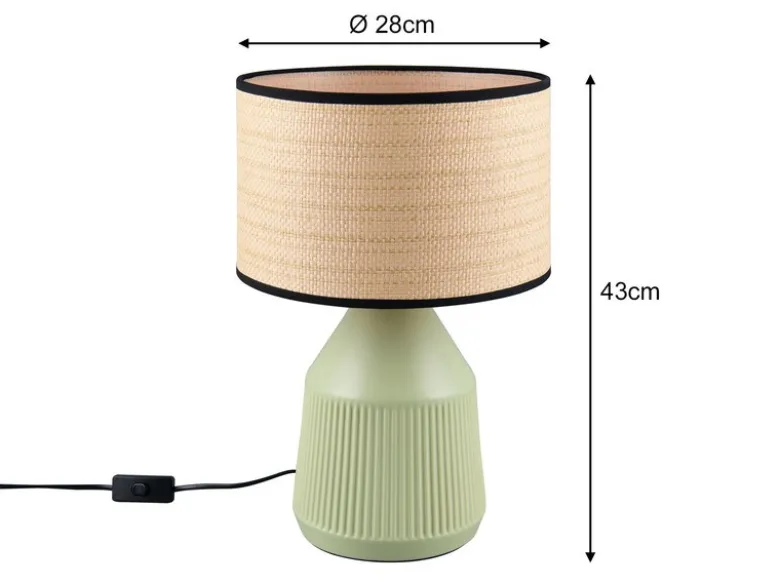 LED Tischlampe dimmbar, Keramikfuß Grün, Papierschirm geflochten, Höhe 43cm