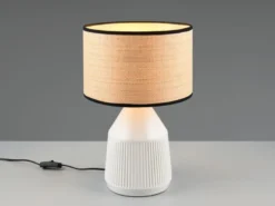 LED Tischlampe dimmbar, Keramikfuß Weiß, Papierschirm geflochten, Höhe 43cm
