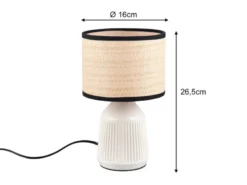 LED Tischlampe dimmbar, Keramikfuß Weiß, Papierschirm geflochten, Höhe 26,5cm