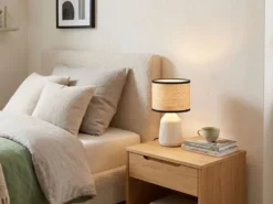 LED Tischlampe dimmbar, Keramikfuß Weiß, Papierschirm geflochten, Höhe 26,5cm