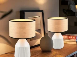 LED Tischlampe dimmbar, Keramikfuß Weiß, Papierschirm geflochten, Höhe 26,5cm