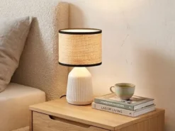 LED Tischlampe dimmbar, Keramikfuß Weiß, Papierschirm geflochten, Höhe 26,5cm