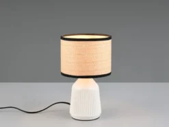 LED Tischlampe dimmbar, Keramikfuß Weiß, Papierschirm geflochten, Höhe 26,5cm
