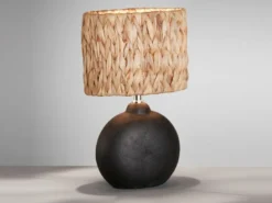 LED Tischlampe Keramikfuß Schwarz mit Seegras Lampenschirm, Höhe 38,5cm