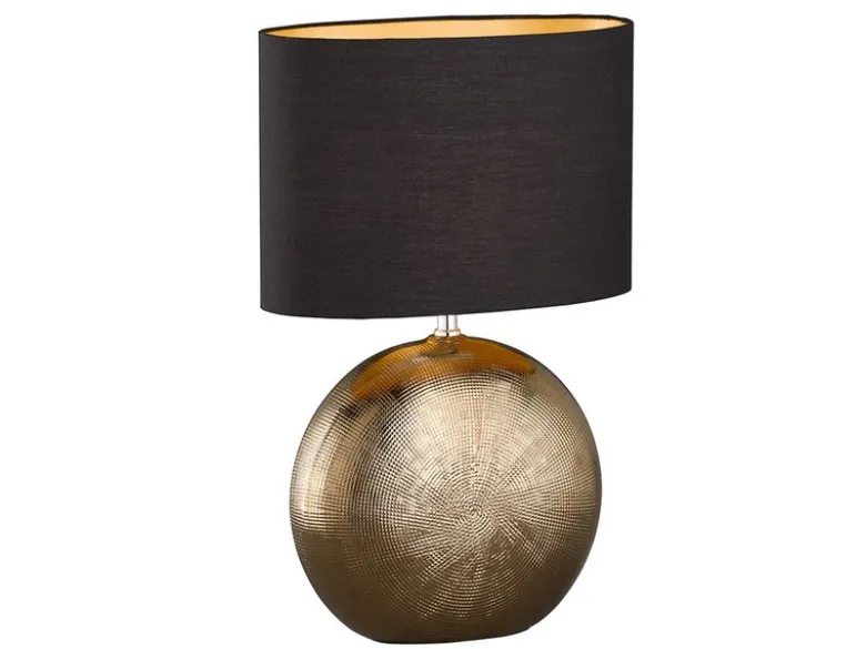 LED Tischlampe mit Keramikfuß Bronze Antik & Stoffschirm Schwarz Gold, Höhe 53cm