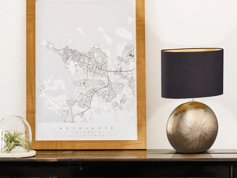 LED Tischlampe mit Keramikfuß Bronze Antik & Stoffschirm Schwarz Gold, Höhe 53cm