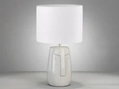 LED Tischlampe mit Keramikfuß Beige & Leinenschirm Weiß, Höhe 39cm