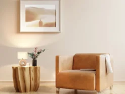 LED Tischlampe mit Keramikfuß Holzoptik & Leinenschirm Beige, Höhe 31cm