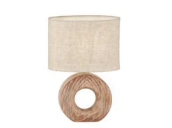LED Tischlampe mit Keramikfuß Holzoptik & Leinenschirm Beige, Höhe 31cm