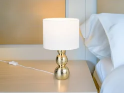 LED Tischlampe mit Keramikfuß Gold & Stoffschirm Weiß, Höhe 29cm