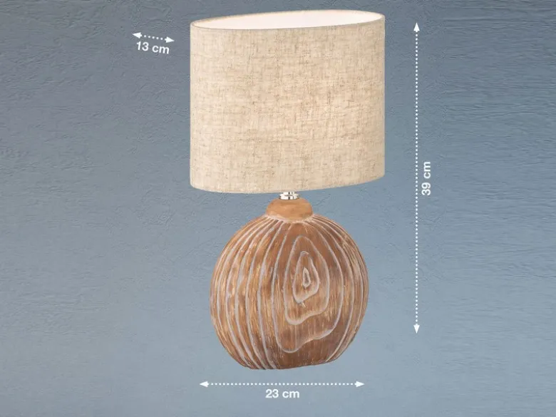 LED Tischlampe mit Keramikfuß Holzfarben & Lampenschirm Leinen Beige, Höhe 39cm
