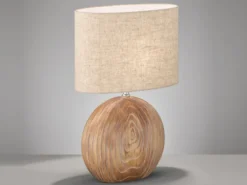 LED Tischlampe mit Keramikfuß Holzfarben & Lampenschirm Leinen Beige, Höhe 53cm