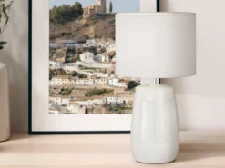 LED Tischlampe Weiß mit Keramikfuß & Stoffschirm, Höhe 36,5cm