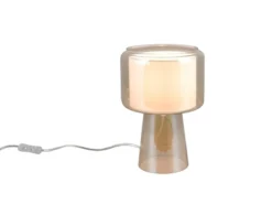 LED Tischleuchte aus Glas Bernsteinfarben mit Stoffschirm innen, Höhe 29cm