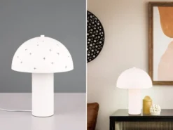LED Tischleuchte aus Metall Weiß, Lampenschirm mit Dekorstanzung, Höhe 33 cm