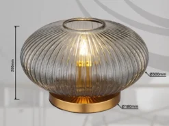 LED Tischleuchte aus Rauchglas Rillenglas Messing, Höhe 20cm