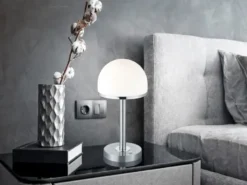 LED Tischleuchte BERLIN Silber mit Glas Lampenschirm dimmbar, Höhe 39cm