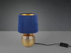 LED Tischleuchte Blau/Gold Keramikfuß Samtschirm, Höhe 26cm