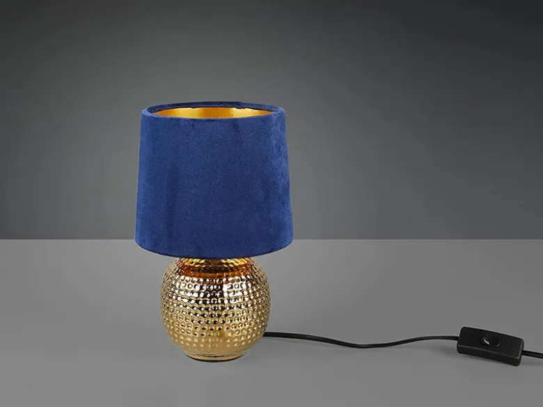 LED Tischleuchte Blau/Gold Keramikfuß Samtschirm, Höhe 26cm