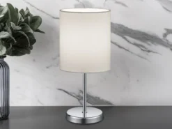 LED Tischleuchte Chrom mit Stoffschirm in Weiß, Höhe 28cm