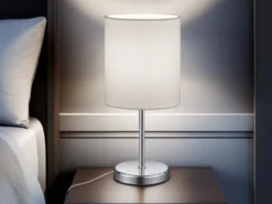 LED Tischleuchte Chrom mit Stoffschirm in Weiß, Höhe 28cm