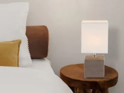 LED Tischleuchte eckig mit Keramikfuß und Stoffschirm, Braun, Höhe 29cm